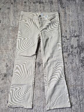 H&M Divided Beige and White Swirl-Print Flare Jeans Lowrise Y2k 70s Funky Cotton